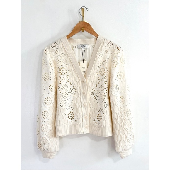 NWT SEA New York Lainey Eyelet-Embroidery Cream Long-Sleeve Cardigan Sweater - Picture 2 of 8
